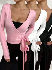 Women's Yoga Fitness Set, Workout Clothes, Elastic Soft V-Neck Long Sleeve Slim-Fitting Top, Three-Piece Plain Design, Casual Activewear, All Season Wear