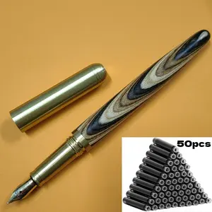 51-piece fountain pen ink cartridge set [1 fountain pen + 50 ink cartridges], 0.5 mm tip, twist cap, elegant and premium design, brass fittings, solid wood barrel, vibrant patterns, includes converter, 2.6 mm diameter, suitable for students and offices, i