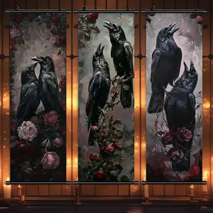 3 Counts Halloween Hanging Banner, Halloween Rose & Raven Poster, Halloween Decorative Poster, Exquisite Gift, Horrible theme, Creative Party Poster, Living Room, Home Decoration, Wall Decor, High Definition, Print, Artwork