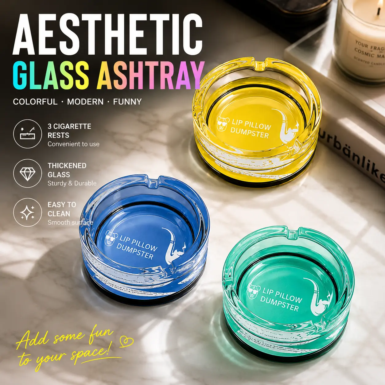 Funny Glass Ashtray with Colorful Quote, Cute Smoking Ash Tray, Decorative Trinket Dish for Home, Office & Coffee Table Decor