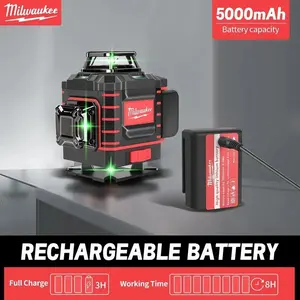 Milwaukee 360-Degree Green Beam Vertical & Horizontal Cross Laser Level, Rechargeable Battery-Powered Tool with Cycle Groover