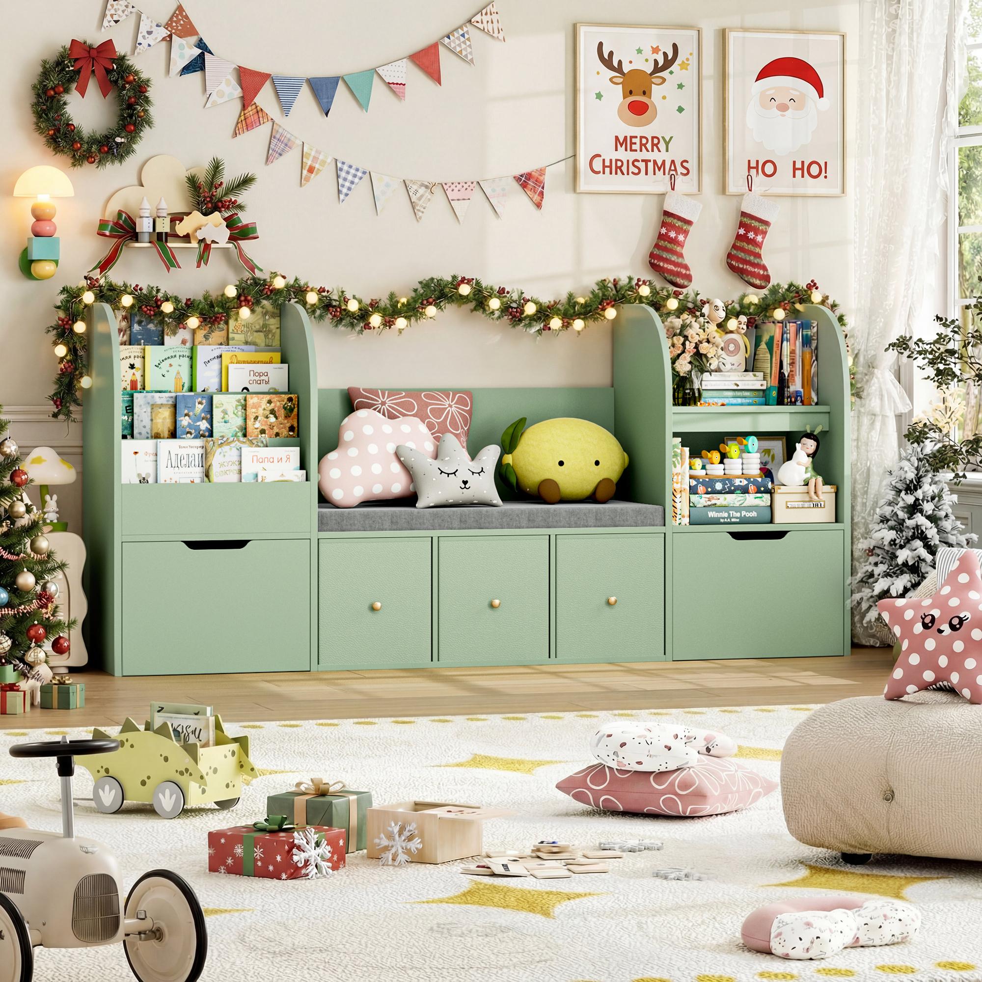 FOTOSOK 71” Kids Bookshelf with Reading Nook, Toy Storage Organizer with Seat Cushion and 2 Movable Drawers & 3 Toy Chests, Kids Reading Nook Toy Organizers and Storage with Bench for Playroom