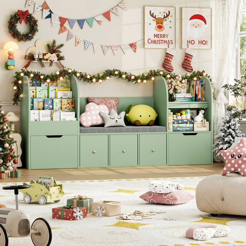 FOTOSOK 71” Kids Bookshelf with Reading Nook, Toy Storage Organizer with Seat Cushion and 2 Movable Drawers & 3 Toy Chests, Kids Reading Nook Toy Organizers and Storage with Bench for Playroom