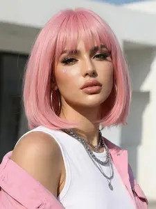Wig Short Straight Bob Cut, 12 Inch Full Bangs Women's Synthetic Hair Machine Made Wig, Synthetic Material Wigs, Straight Bob Wigs, Heat Resistant, Perfect for Holiday, All Seasons
