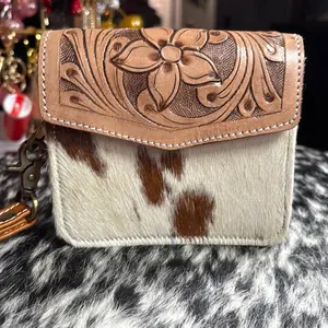 Tooled leather cowhide cards wristlet wallet