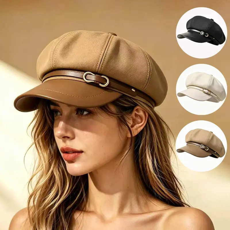 Vionas Women's High-End Autumn Winter Japanese Plain Polyester Beret - Black, 56-58cm Octagonal Buckle Faceless Hat, Casual Business Fashion Accessory for Women, Auspicious Anniversary Gift with Artful Edge