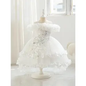 Children's Off-Shoulder Princess Dress with 3D Flower Decoration, Solid Color Design, Versatile and Elegant, Birthday Wedding First Birthday Dress