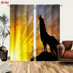 2D Flat 2-Pack Wolf Howling Silhouette Sunset Curtains, Dramatic Sky Rocky Outcrop Tree Branches Design, Blackout/Sheer Curtains for Bedroom Living Room, Golden Yellow Orange Pink Sunset & Wolf Primal Call Theme Decor