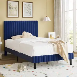 Velvet Blend Upholstered Bed Frame Wingback Channel Headboard Sturdy Wood Frame 600-800lb Capacity Foam-Padded Floor Protection Twin/ Full/ Queen/ King, Pink/ Green/ Black/ Blue/ White