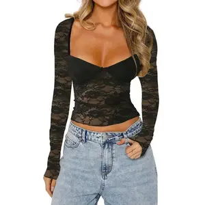 Women's cut floral lace top long sleeved shirt casual pullover, suitable for club street wear aesthetic garbage clothing women's clothing (raincoat)