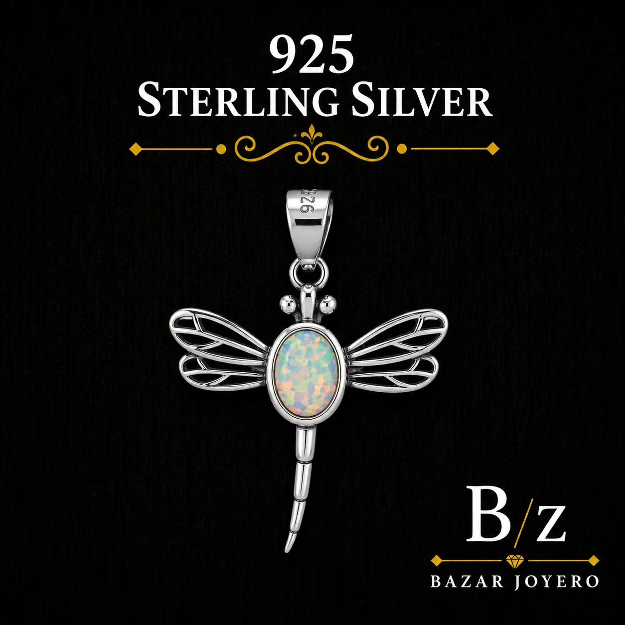 925 Sterling Silver Dragonfly Pendant with Lab Opal – White Opal Dragonfly Charm