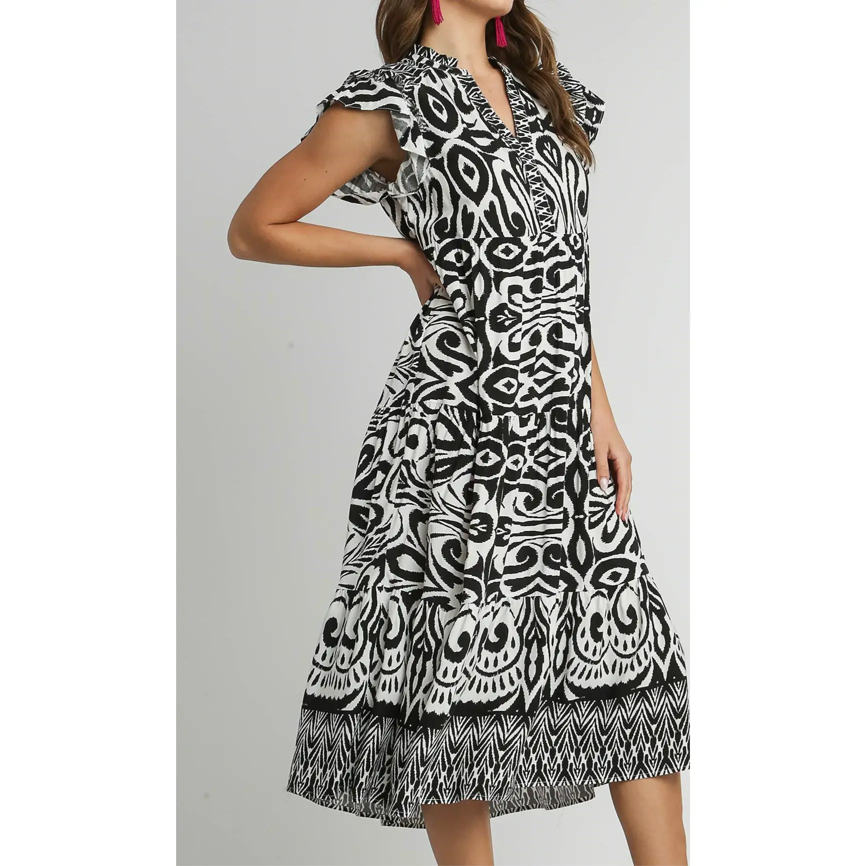 Eliza Two Tone Ruffle Cap Sleeve Midi Dress
