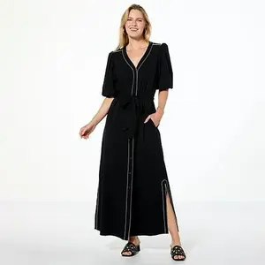 G by Giuliana Woven Embroidered Puff-Sleeve Midi Dress