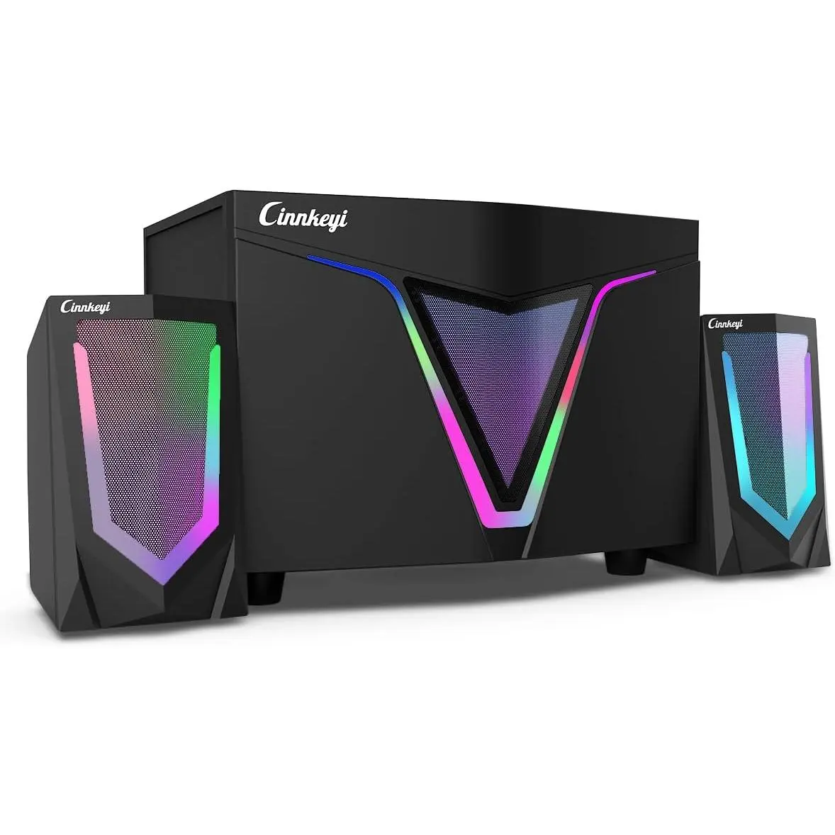 2.1 Channel Compact USB Wired Desktop Stereo Speaker System - Subwoofer, Dual 4.7-in Satellites, RGB Lighting, 16W Power, 3.5mm Auxiliary Input, Bass Boost, Clearer Vocals for Immersive Gaming, Office Work
