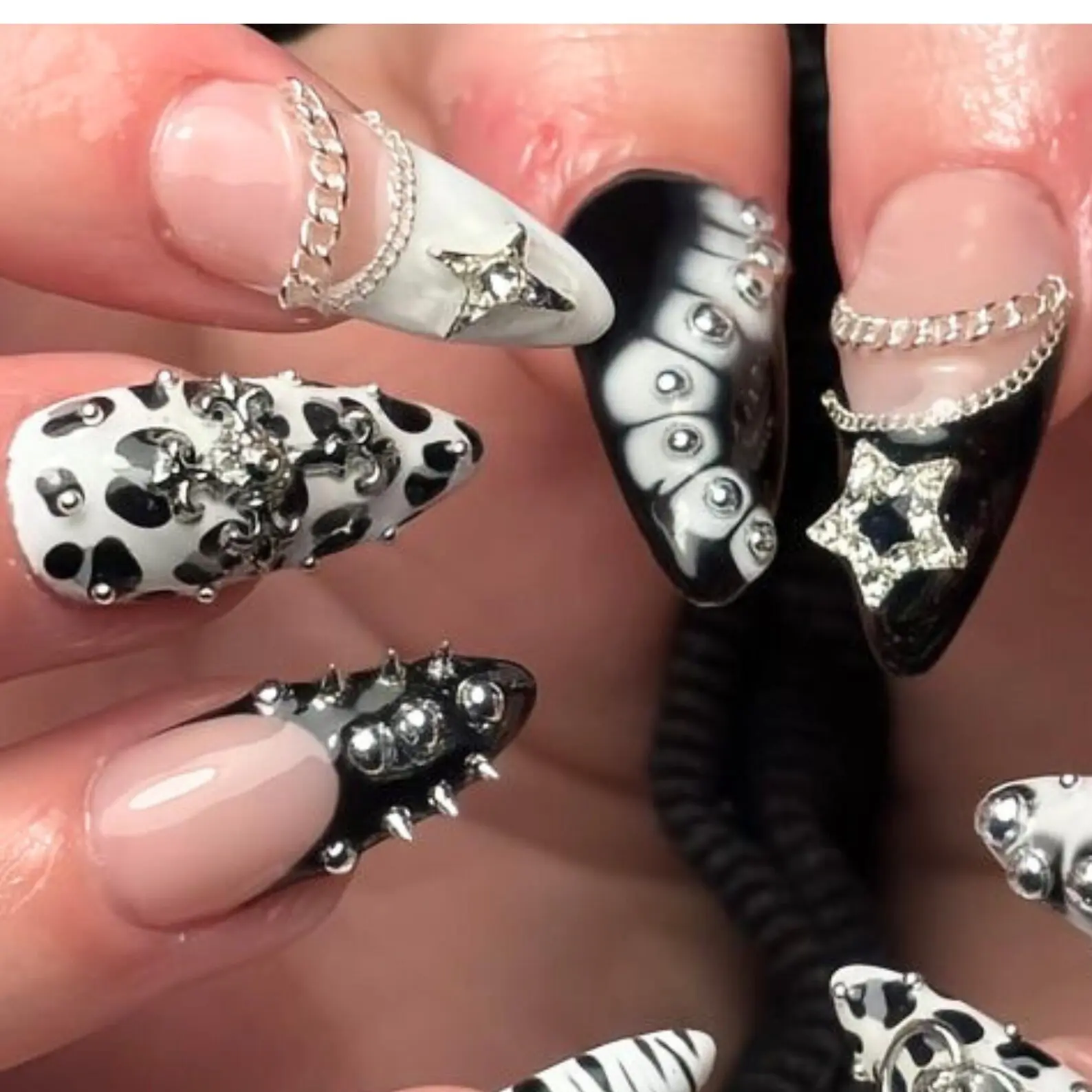 Black White Goth Stiletto Press On Nails | Silver Charm Y2K Punk Nail Set | 3D Alt Aesthetic Nails