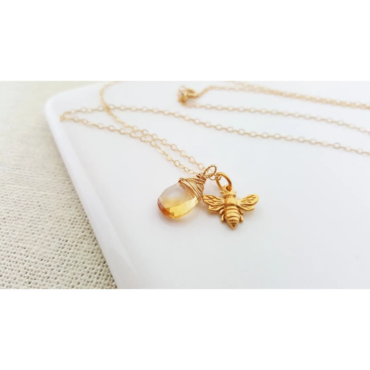 Bee and Citrine Honey Drop Necklace