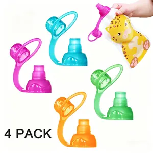 4 Pack No Spill Silicone Bottles Top Spout, Water Bottle Spout Adapters, Silicone Yummy Pouch Sippy Spout, Food Pouch Top, Baby Led Weaning, No Spill Flow Control Valve, Protects Childs Mouth, 100% Silicone, BPA Free