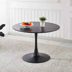 42.1 Inch Mid-Century Round Tulip Dining Table Black Two-Piece MDF Tabletop Metal Pedestal Legs Seats 4–6 Persons Multi-Purpose Leisure Coffee End Table Easy Assembly