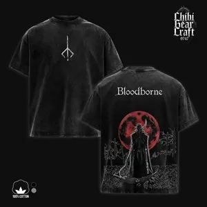 Bloodborne Shirt Gehrman The First Hunter Blood Moon Burial Blade Vintage Washed Oversized T-Shirt Hoodie Soulsborne Gaming Graphic Tee Faded Dark Red Fantasy Streetwear Y2K Merch Gift For Game Fan Clothes