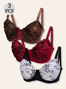 3 Pack French Lace Underwire Bra with Wide Straps, U Shape Back Non-slip, Optimal Lift Shaping Fit Breathable Bra for Large Breasts