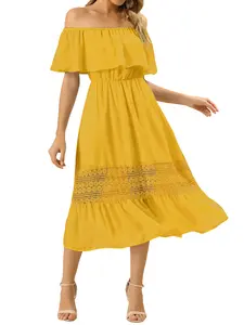 INSPIRE CHIC Women's Off Shoulder Ruffle Flutter Sleeve Lace Insert Chiffon Boho Beach Vacation Maxi Dress