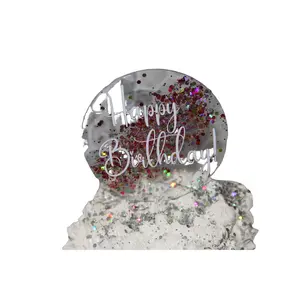 Clear Acrylic Cake Topper, Happy Birthday, Glitter, Hexagon, Circle