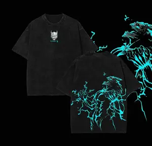 [Sale up to 45%] Kaiju No. 8 Glow Tee Electric Blue Anime Graphic Shirt Monster Transformation Print Vintage Washed Look Unisex Manga Streetwear Top Cotton White