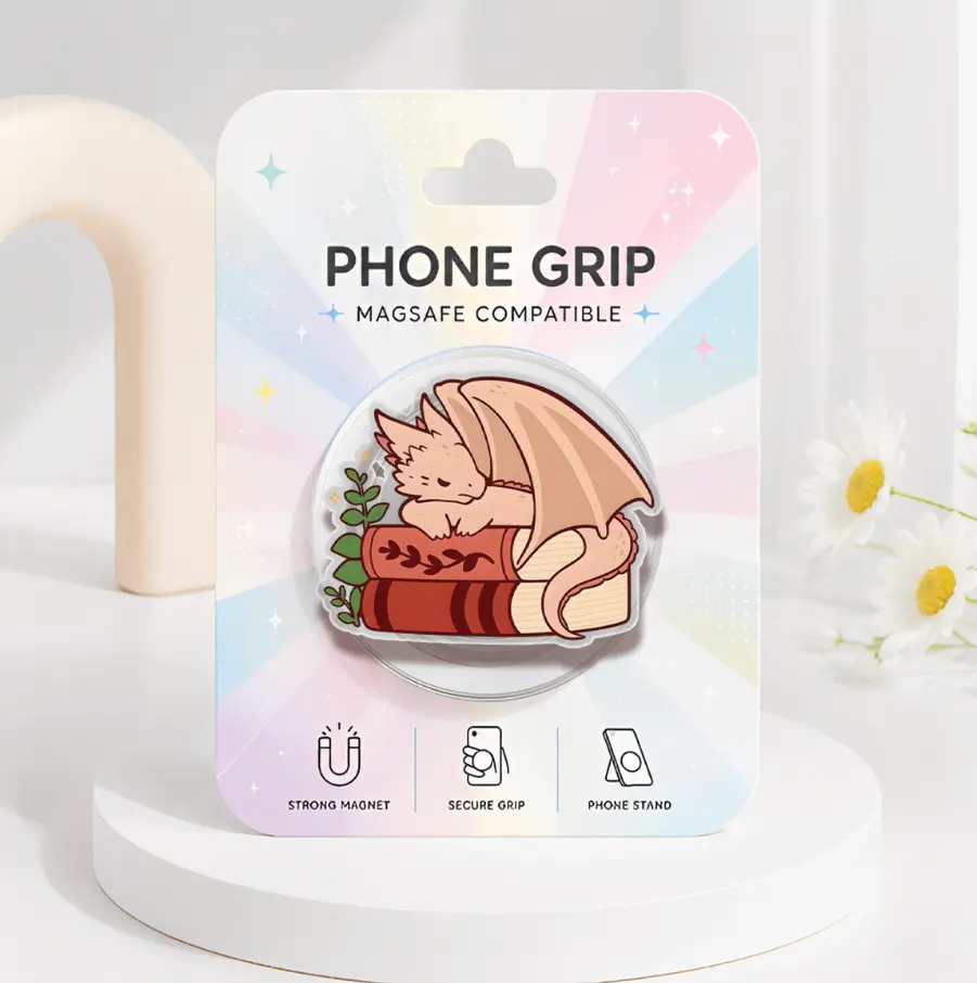 Bookish Dragon Acrylic Phone Grip, Vintage Bookstack MagSafe Phone Holder, Cute Reading Dragon Phone Accessory, Kawaii Fantasy Book Lover Gift