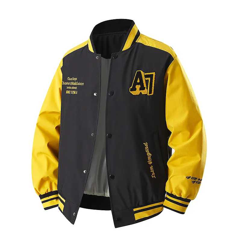 Men's Black-Yellow Color Block Varsity Jacket - A7 Embroidered Retro Streetwear Baseball Coat, Menswear Long Sleeve Fashion Casual Stylish Outerwear