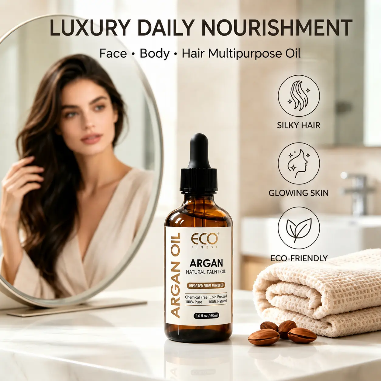 Eco Finest Argan Oil for Silky Hair & Glowing Skin - Natural Moroccan Oil for Face, Body, and Hair Care