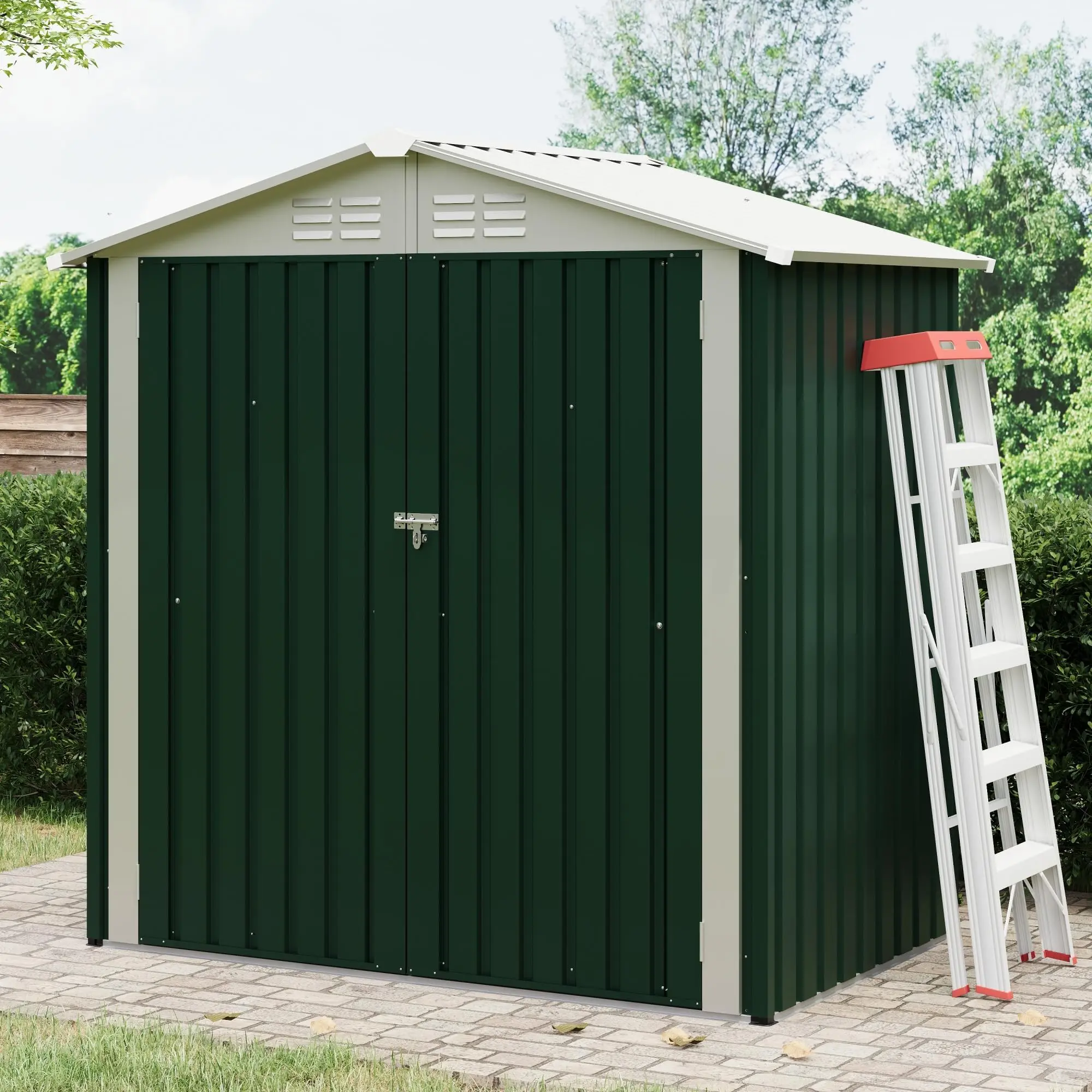 6X4 FT Outdoor Storage Shed, Galvanized Steel Outdoor Storage Shed, 130 Cu Ft Weather Resistant Garden Tool Sheds with Door & Sloped Roof, Green