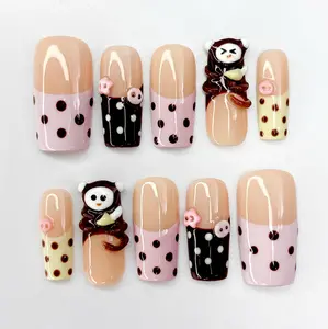 Sidosona S01 Cute Monkey Medium Square Handmade Press-on Nails, Reusable Statement Nails For Everyday,