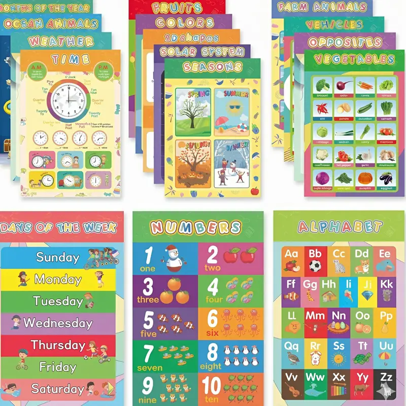 16 Laminated Toddler Educational Wall Posters for Classroom & Kindergarten, Kindergarten Classroom Must Haves, Laminated Learning Chart Materials