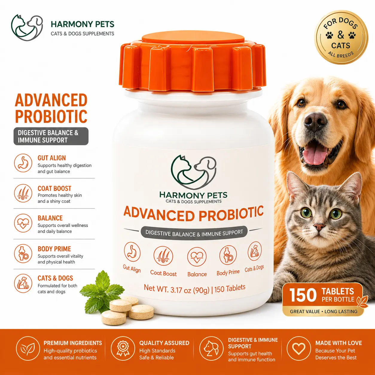 Harmony Pets Advanced Probiotic Canine Nutritional Supplement Tabs - 150ct, 24 Months Shelf Life, B-Vitamins, Gut Health Balance, Digestive Support, Immune Boost, Shiny Coat, Gas Diarrhea Itchy Skin Relief for Dogs