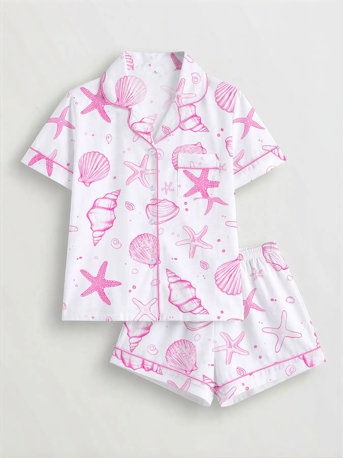 Women's Shell Print Pajama Set, Short Sleeve Button-Up Top & Elastic Shorts, Casual All-Season Sleepwear, Fashionable Home Wear