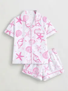 Women's Shell Print Pajama Set, Short Sleeve Button-Up Top & Elastic Shorts, Casual All-Season Sleepwear, Fashionable Home Wear