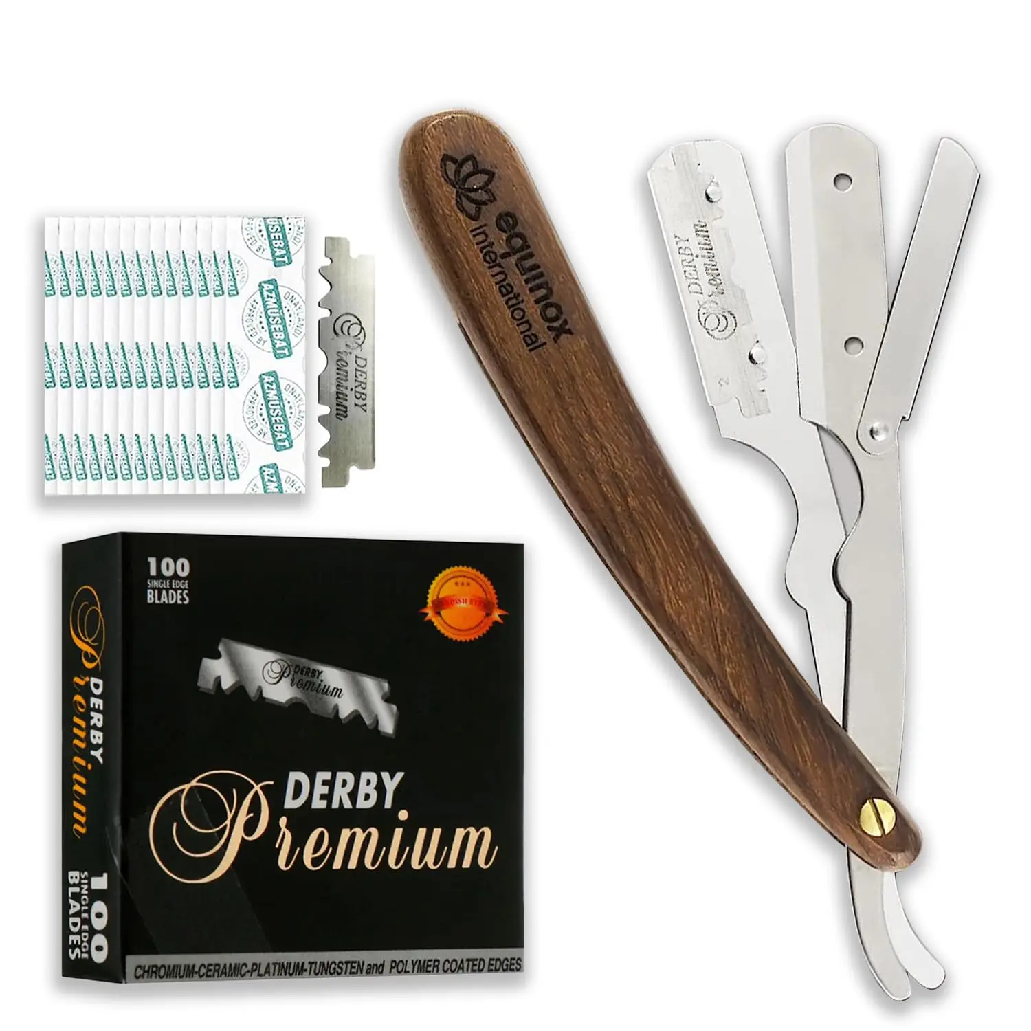 Fancy Straight Edge Razor - Manual Shaver for Men - Includes 100 Disposable Derby Blades - Wooden Handle - Barber Kit - Straight Razors for Men - Navajas para barbero - retro straight razor