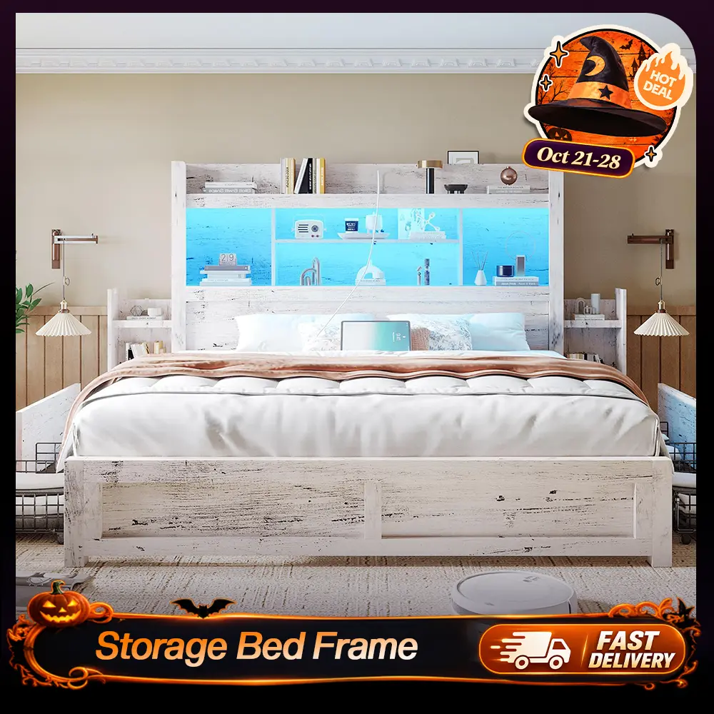 【Ships in 2 Boxes】AMERLIFE Farmhouse Wood Bed Frame with 49.6" Bookcase Headboard with Storage, 2 Bedside Storage Racks, 4 Drawers, RGB LED Lights, Charging Station (Ships in 2 Boxes) - Apartment Furniture, Christmas Gift Idea, Bed Frames #SohoChic