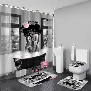 4Pcs African American Shower Curtain Sets with Rugs Black Girl Bathroom Decor Shower Curtain with Paris Eiffel Tower Art Pattern Grey Waterproof juego de baño with 12 PCS Hooks