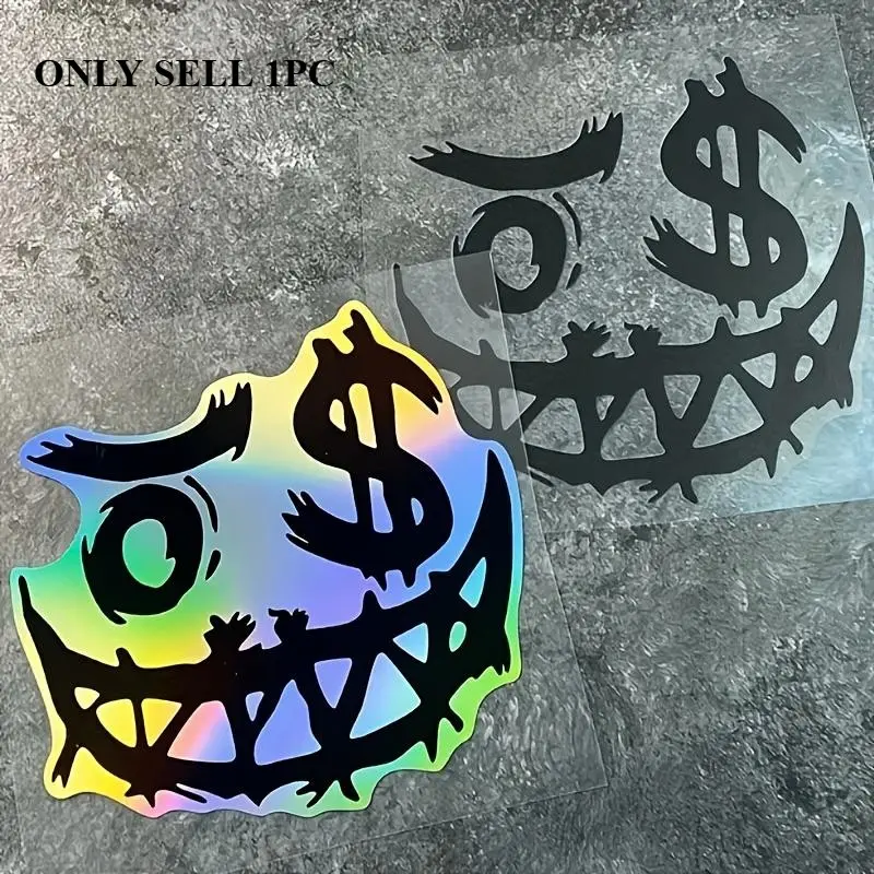 1PC Street Dark Grotesque Money Logo Sticker, Stick on motorcycle bodies or backpacks, multi-texture grotesque smile (dollar sign eyes) decor has dark rebellious vibe, enthusiasts, Motorcycle Stickers, Motorcycle Decoration