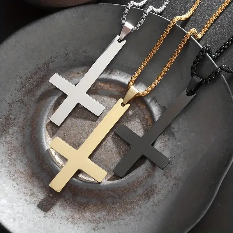 Upside Down Cross Necklace | Saint Peter's Cross Pendant | Inverted Stainless Steel Jewelry for Men & Women | Gothic Punk Aesthetic | Religious Anti-Establishment Symbol | Edgy Biker Rock Streetwear Necklace | Bold Fashion Statement Gift Idea