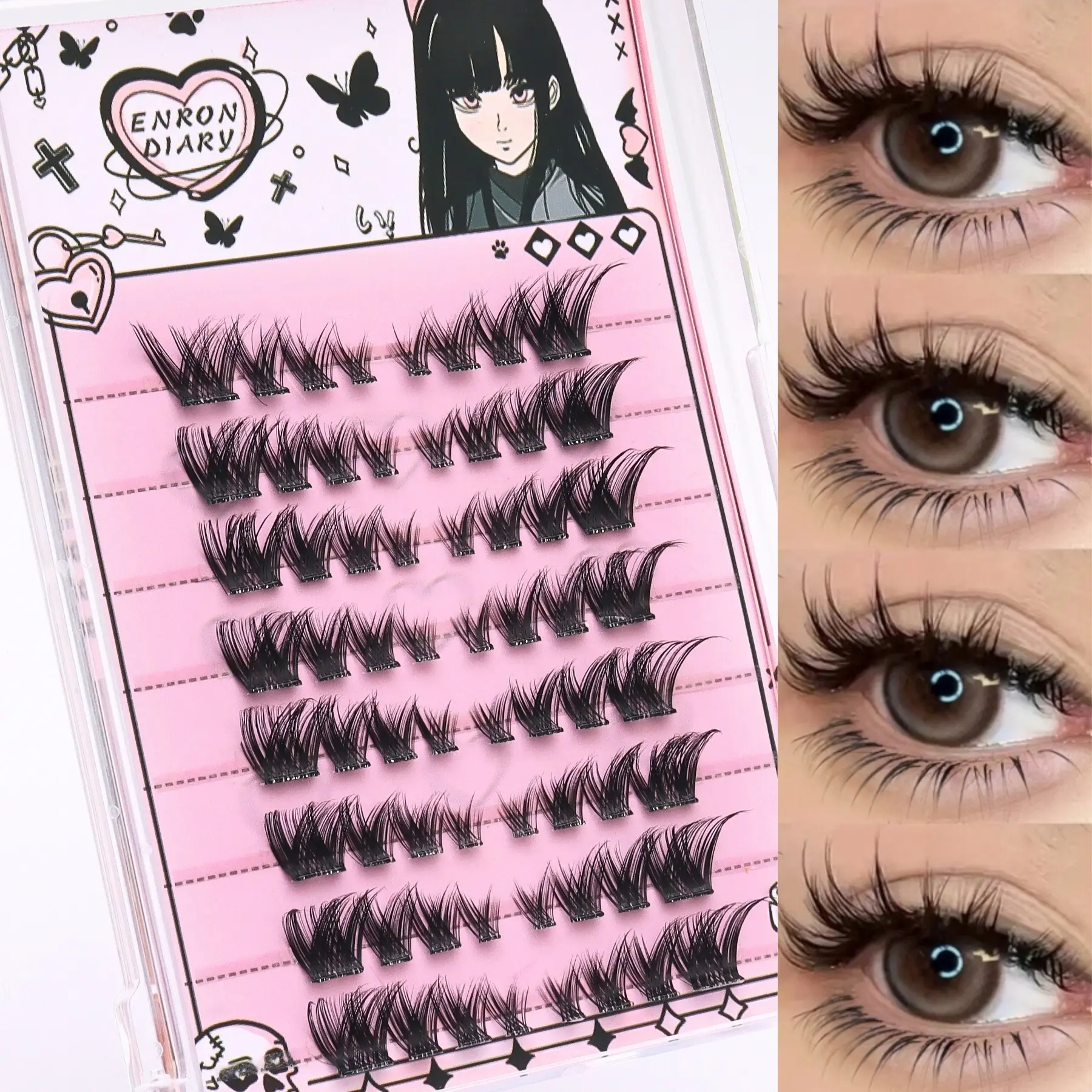 64pcs D Curl Manga Cluster Eyelash Extensions Cat Eye Fluffy Individual Lashes 3D Effect DIY Makeup Faux Mink False Eyelashes Natural Soft Suitable For Beginners Suitable For Daily, Party, Stage, Ideal Gift For Mother's Day