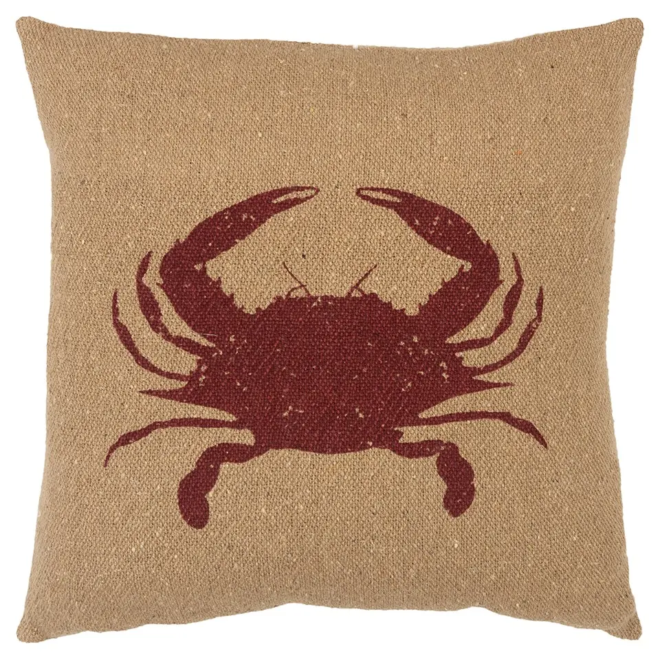 HomeRoots Tan & Brown Distressed Crab Throw Pillow - Beachy, Coastal, Critter-Themed, Illustrated Standard Pillows, Natural Textile Soft Furnishing for Home Decor, Beachy Standard Pillows