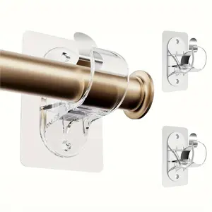 No Hole Curtain Rod Brackets Hangers, Self Adhesive Curtain Rod Holders, No Drilling, No Nail Heavy Duty Stick on Rod Hooks (Transparent)