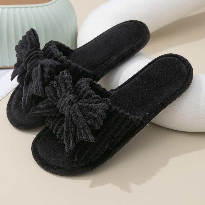 Women's Plush Bow Knot Home Slippers - Open Toe Soft Indoor House Shoes for Spring & Autumn in Pink Black & White Colors