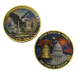 United States 250th Anniversary Celebration Commemorative Collectible Challenge Coin Gold Plated Double Sided with Bald Eagle & Lady Liberty Design 1.57 Inches Diameter