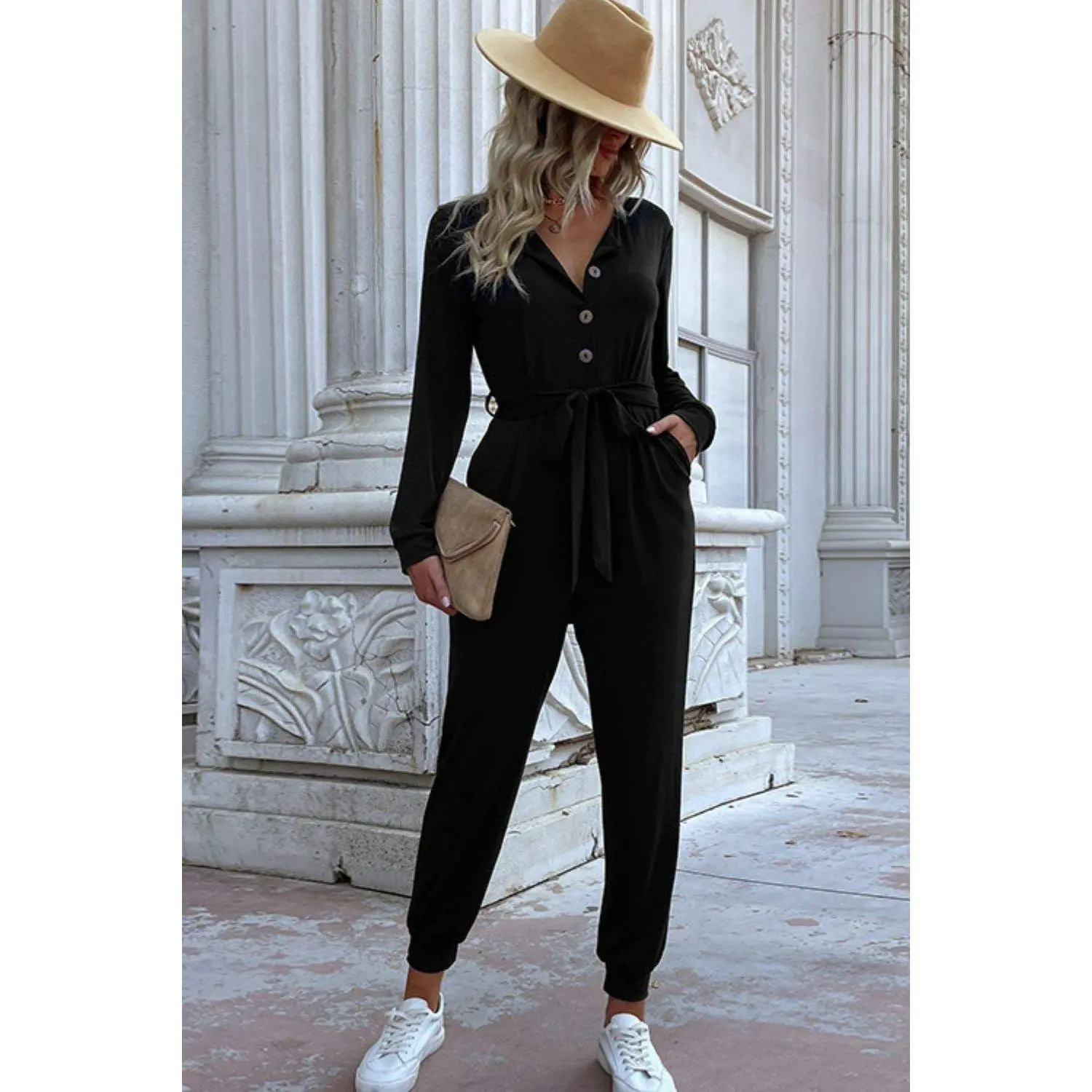 Button Front Belted Jogger Jumpsuit with Pockets