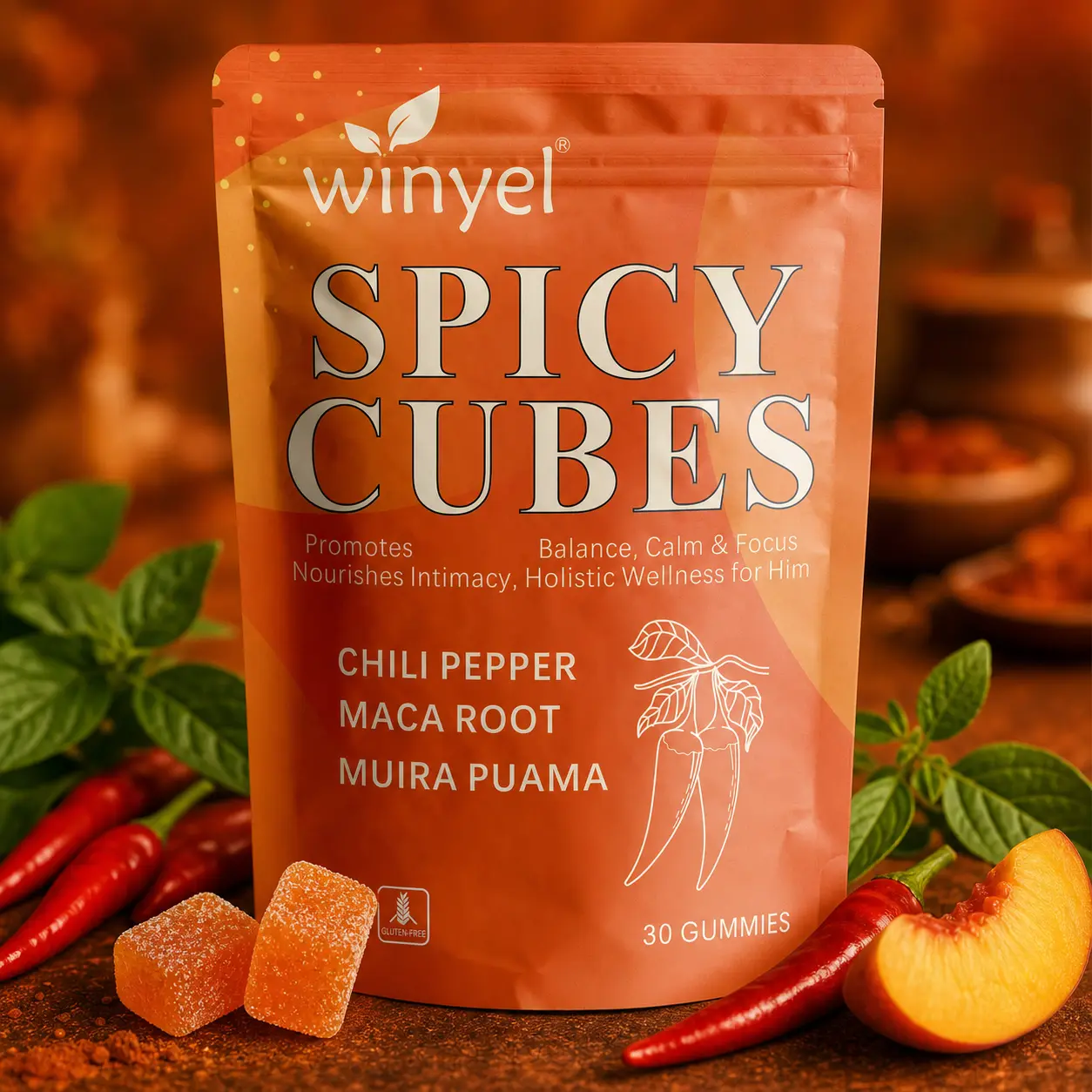 Healthcare Dietary Intimacy Wellness Spicy Cubes Gummies - Peach Flavor, 30 Count, With Chili Pepper, Muira Puama, Maca Root, Supports Calmness