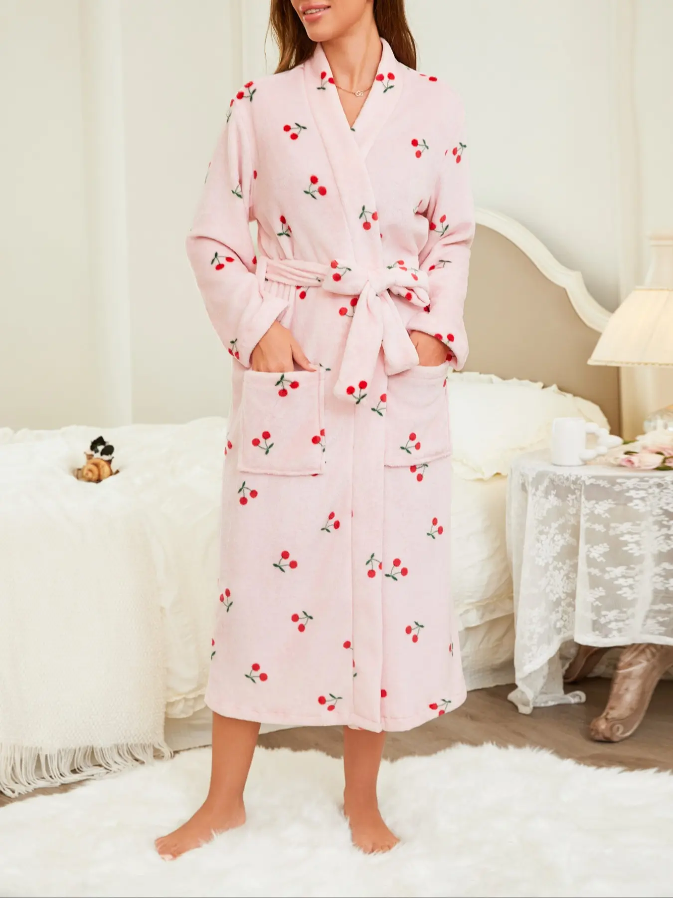 Women's cherry print thickened plush knitted robe, long autumn and winter warm gown, comfortable loungewear for casual outings and holiday sleepwear.