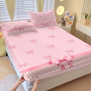 Pink bow non fading fitted sheet, comfortable printed pattern, including 1 bed sheet and 2 pillowcases, comfortable bedding, non slip dust cover suitable for bedroom decoration for youth and adults